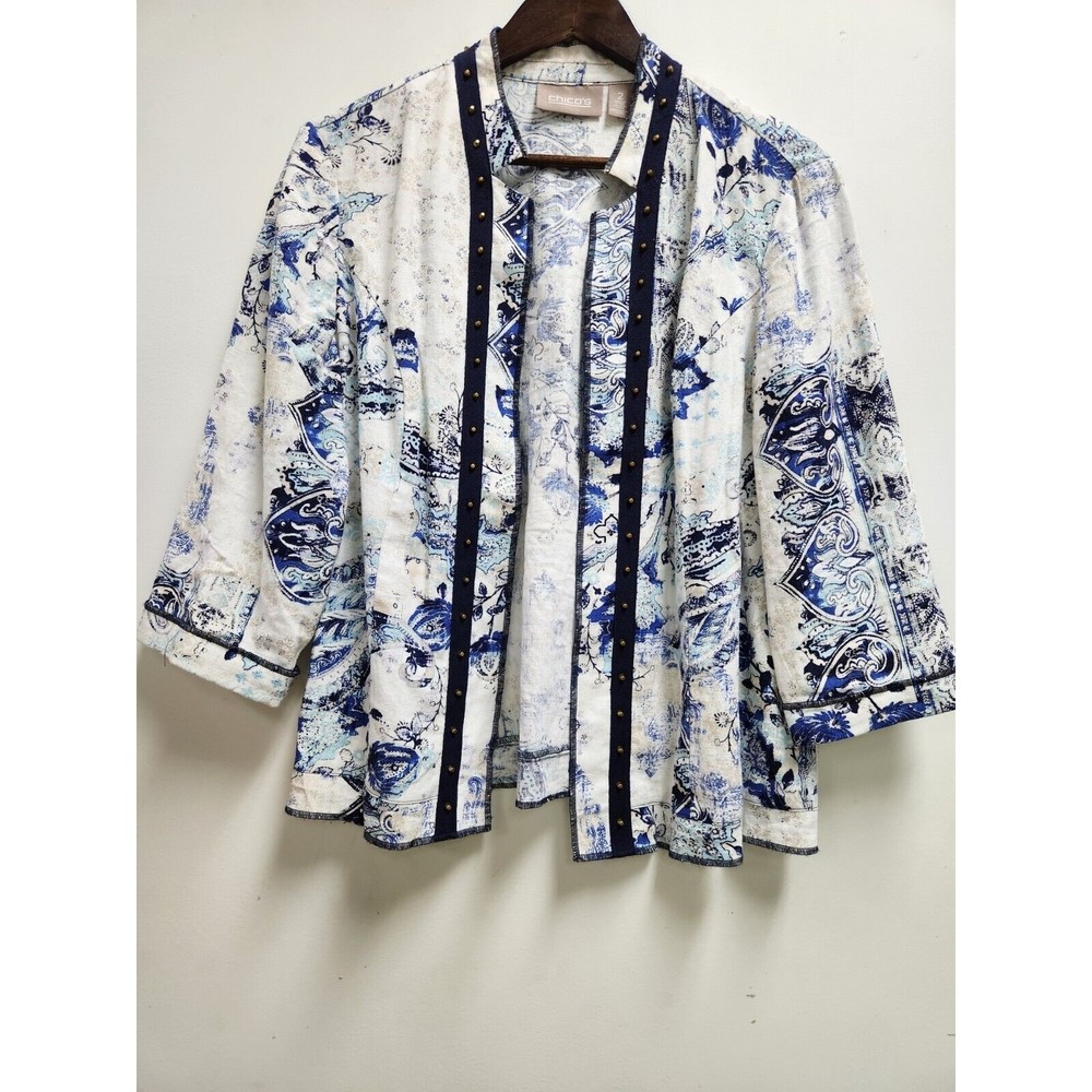 Chicos Womens Linen Blend Open Front Cardigan Size 2 L Blue White Floral Studded